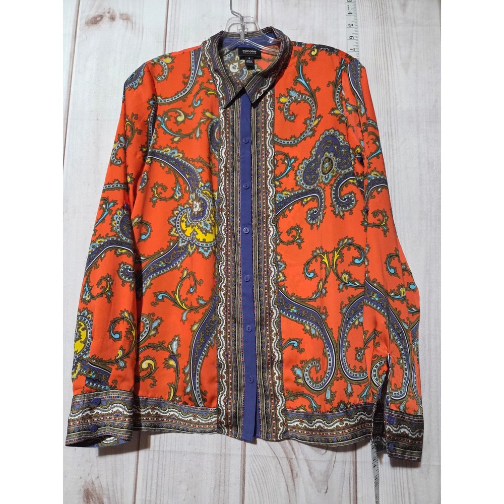 Nicole Miller Women's Paisley Print Long Sleeve Button Down Shirt Orange Size S